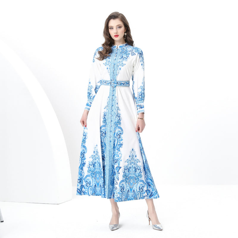 Original design: Spring, Summer, Autumn, resort style, vintage stand-up collar, single-breasted, lace panel, printed wide hem maxi dress