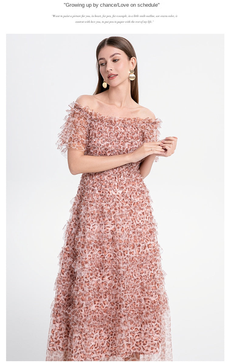 Beautiful French leopard print puff sleeve one-shoulder mesh temperament dress
