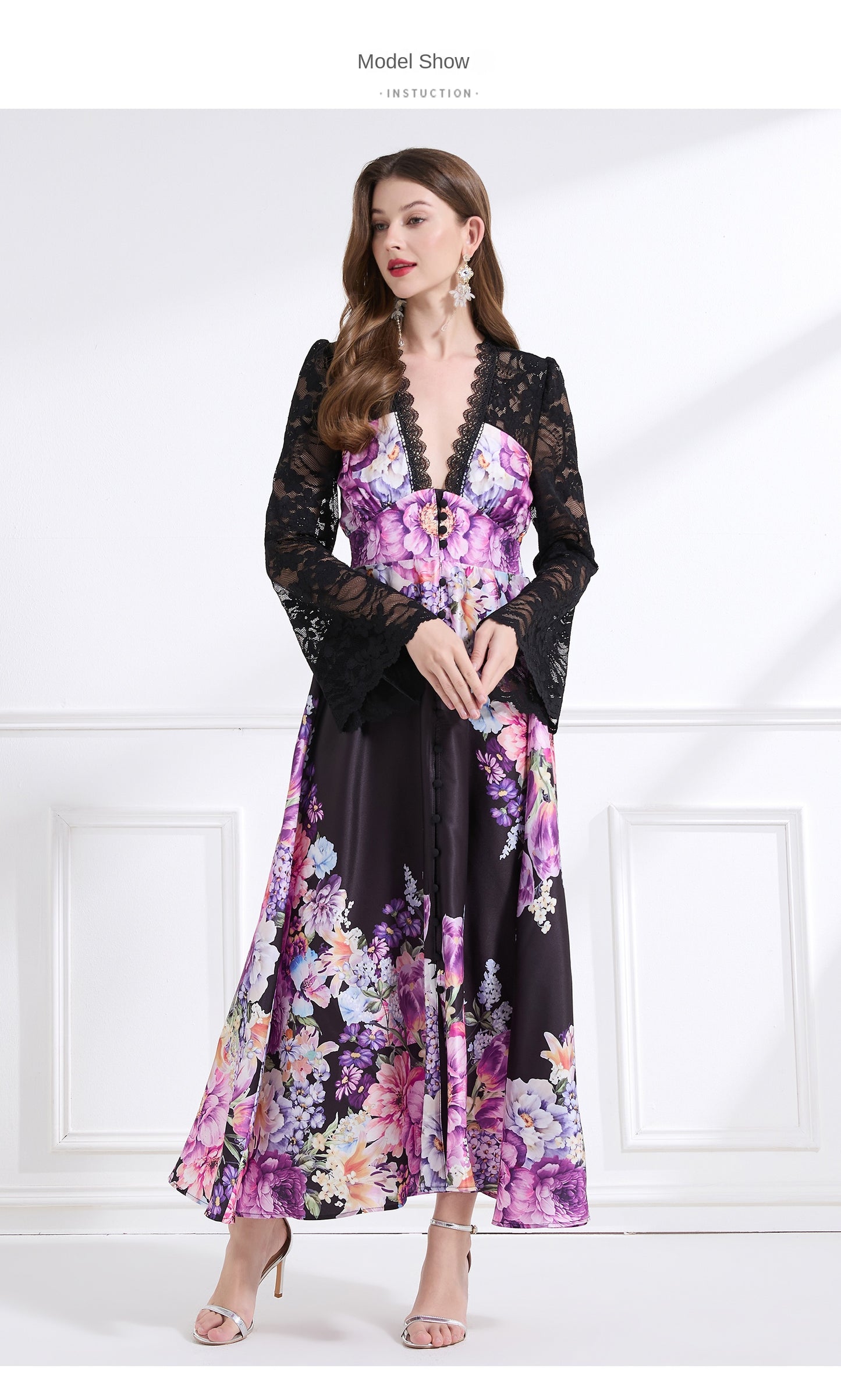 Original design - resort-inspired lace patchwork print cinched waist maxi dress with ruffles