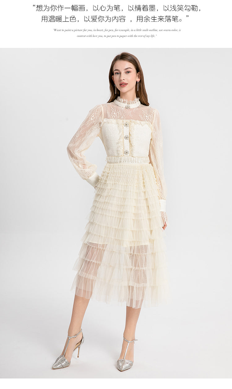 Women's clothing heavy art, coarse tweed splicing mesh cake skirt