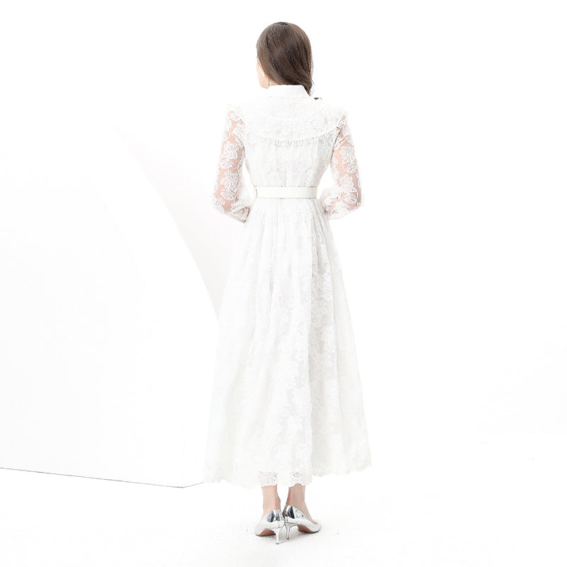 Original design: Spring, Summer, Autumn, Vacation lapel style, embroidered lace, balloon sleeves, lace, long vintage dress