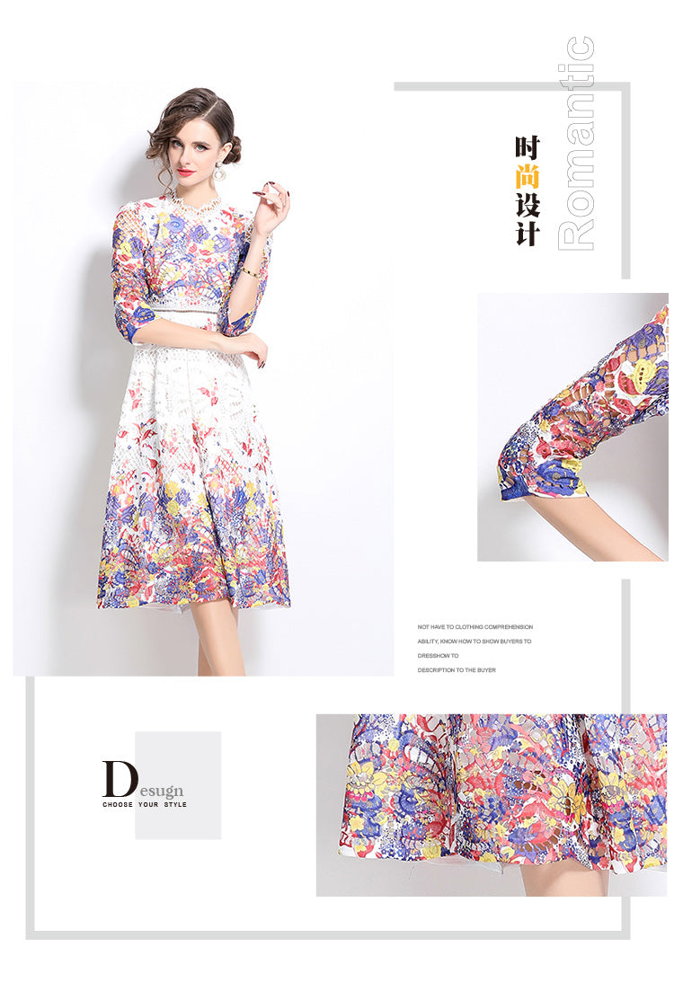 Original design mid long sleeved fashionable slimming hollow out water-soluble lace positioning mid length dress