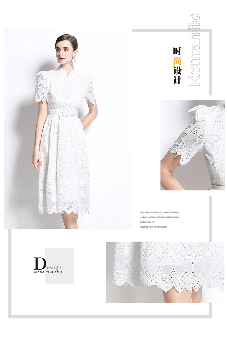 Original design elegant patchwork waist cinching short sleeved dress