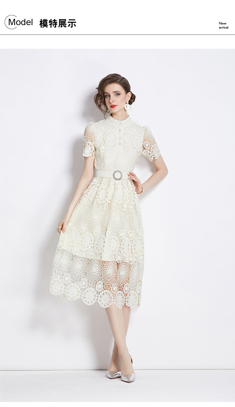 Original design niche dress new style temperament, waist cinching and slimming, hollow out water-soluble lace long skirt