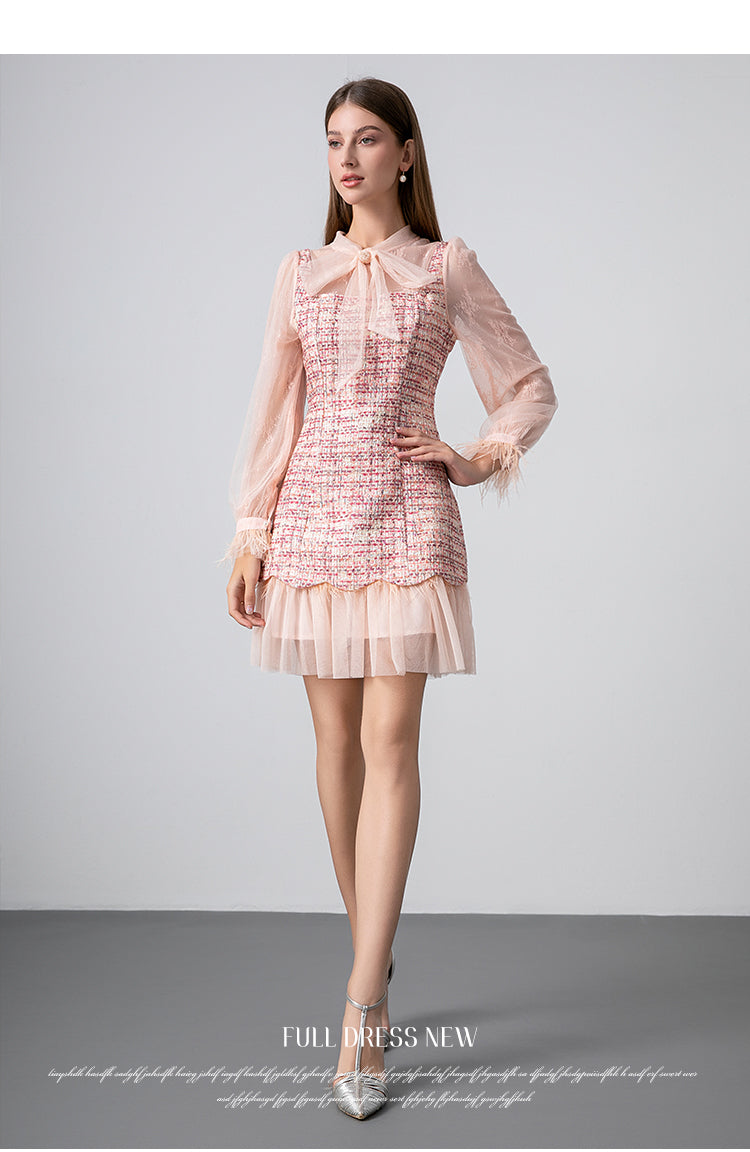 Original design: spring, summer, autumn, art lace stitching, colored tweed, small fragrance, big bow, ostrich feather dress