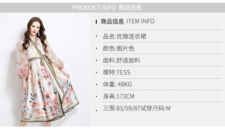 Original design for spring and summer V-neck ethnic style printed satin wrapped long length dress