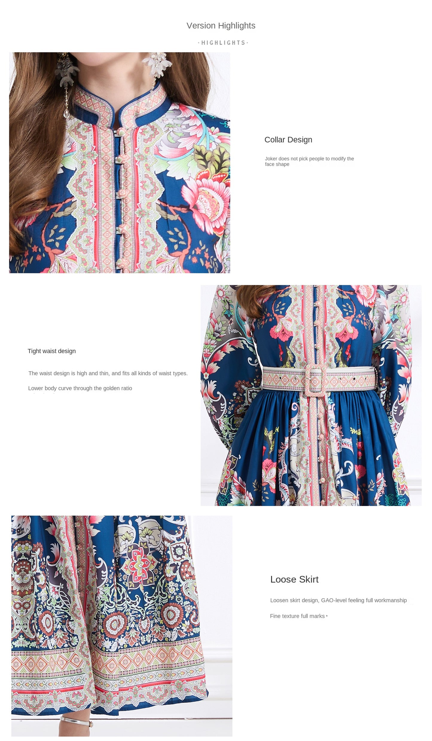 Original design - Spring, Summer, Autumn court style stand collar vintage print balloon sleeve ruffled maxi dress