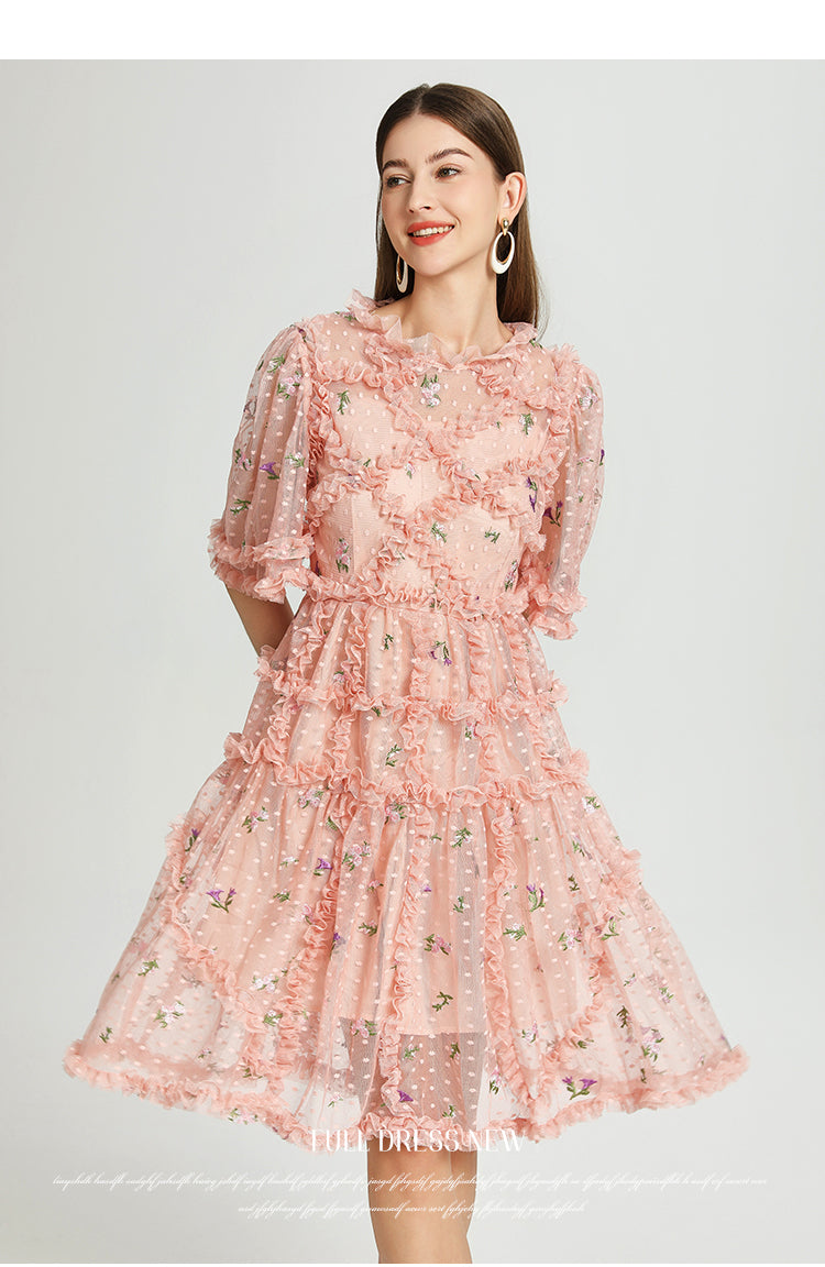 Artwork French romantic boutique custom gauze small floral embroidery short vintage cake dress