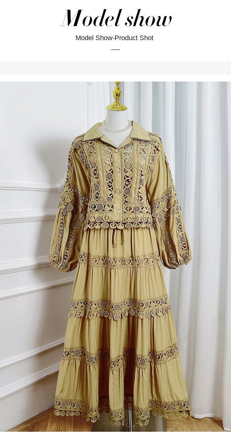 Meizhonggong boutique cut-out lapel lace stitched pendant lace maxi skirt set