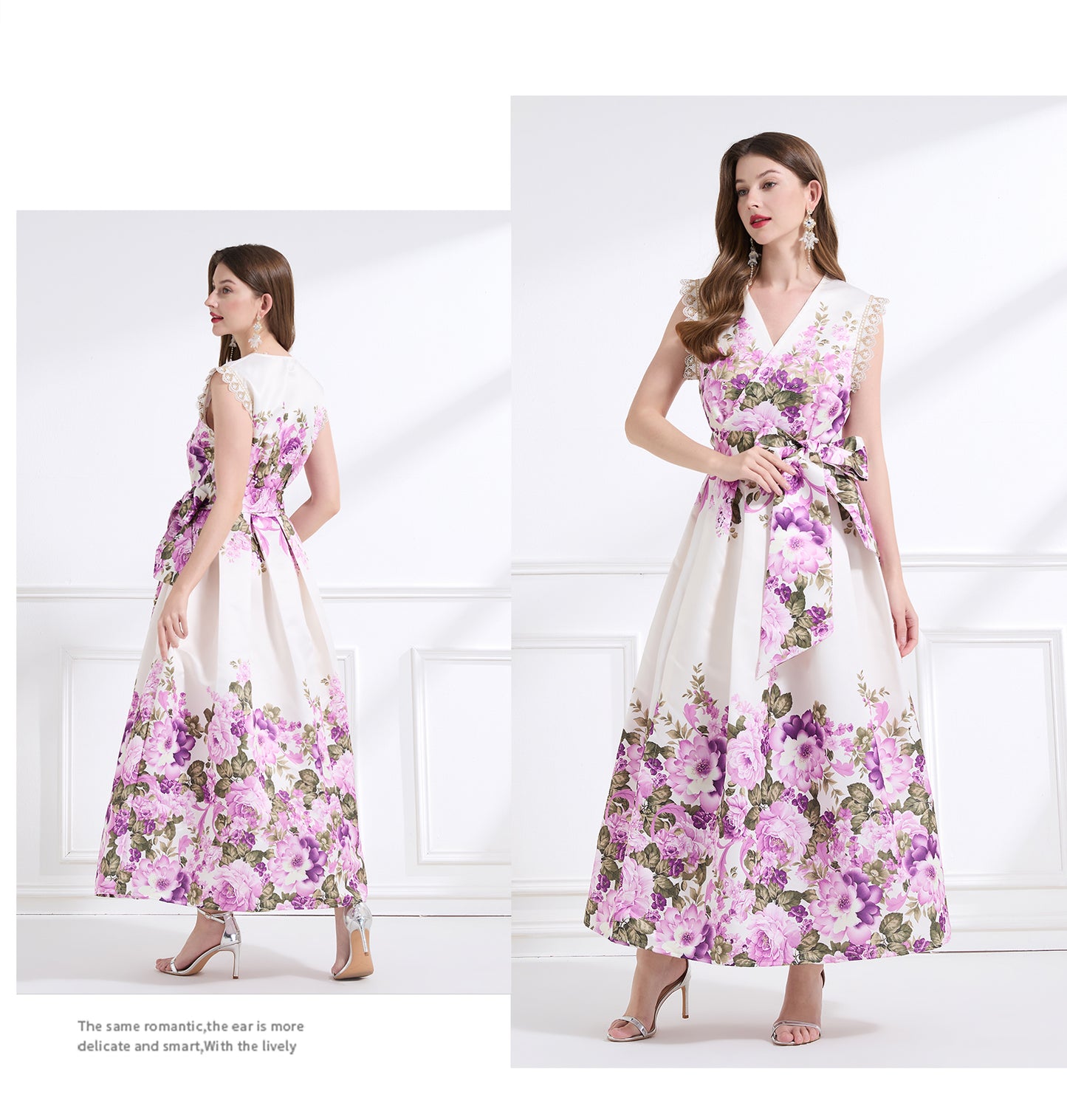 Original design - spring, summer and autumn fake wind, small flying sleeves, flower fairy print, seaside waist ruffle tie long skirt