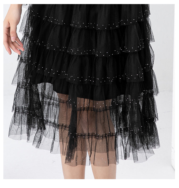 Original design exquisite mesh cake skirt patchwork suit dress temperament fake 2pieces