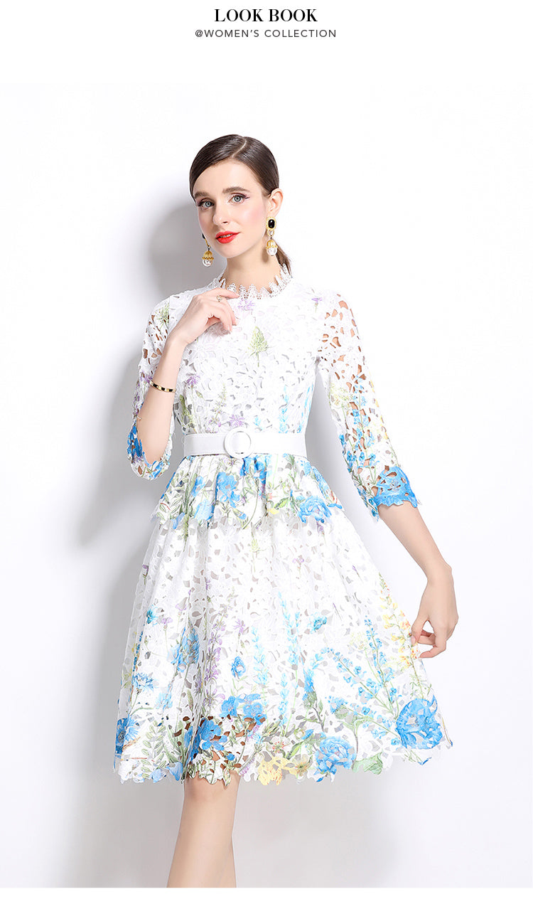 Original design mid long sleeved fashionable slimming hollow out water-soluble lace positioning mid length dress