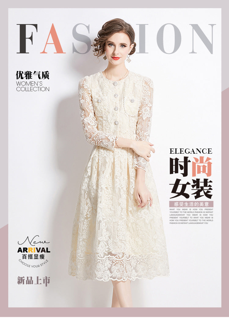 Original design for spring and summer long sleeved small fragrance style set light luxury temperament water-soluble lace skirt two-piece set