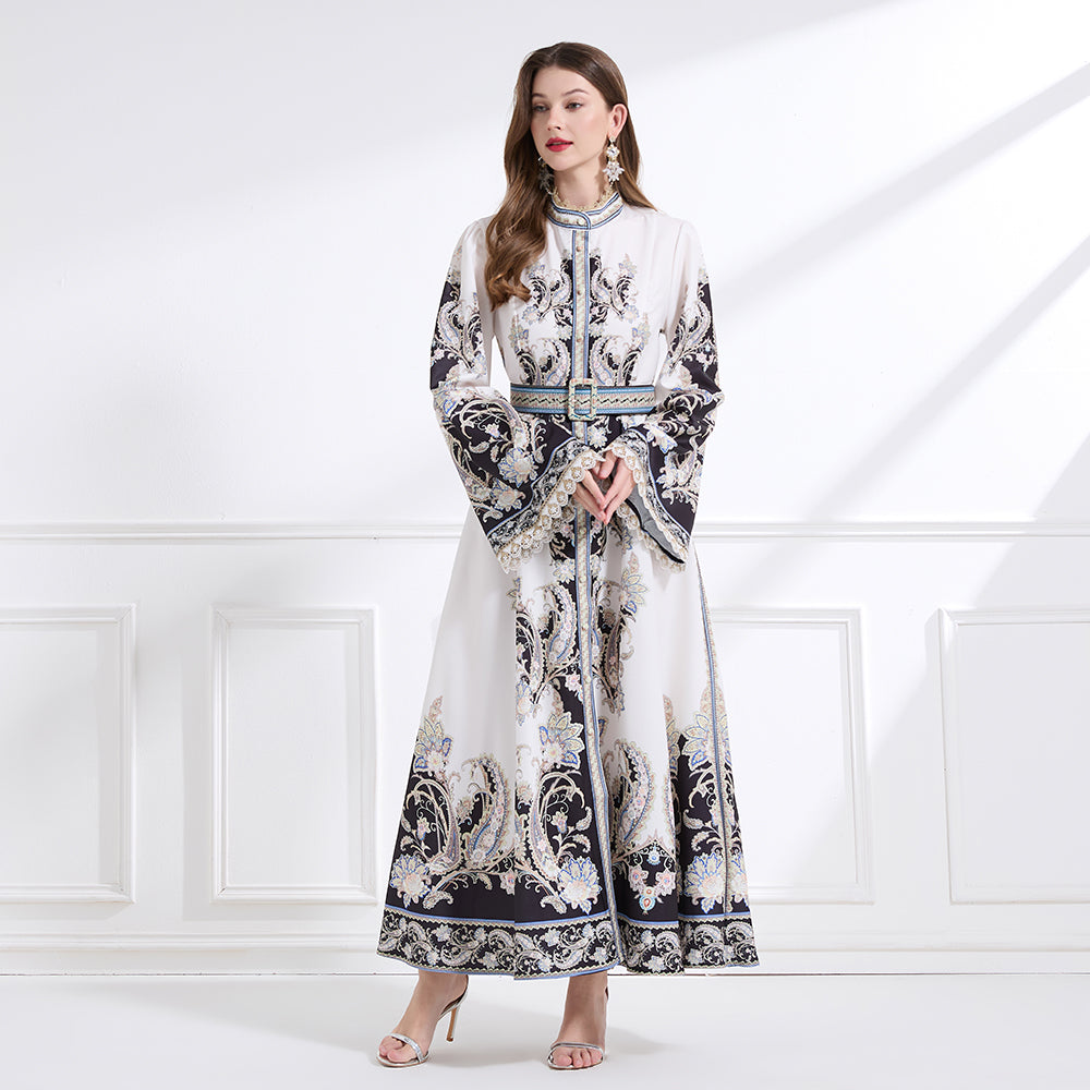 Original design - court-style vintage stand-up collar lace print tunic with large hem waist