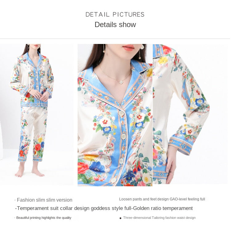 Original design spring/summer-autumn - casual trim pajama suit set with a suit collar long sleeves trousers print 2-piece set