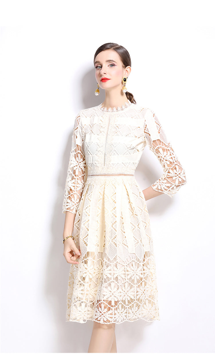 Original design mid long sleeved slimming hollow out water-soluble lace positioning printed mid length dress for spring, summer, autumn vacation