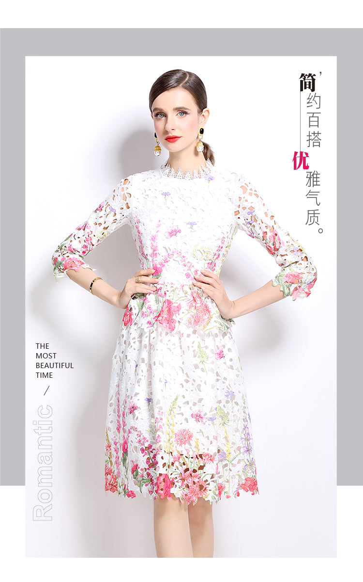 Original design mid long sleeved fashionable slimming hollow out water-soluble lace positioning mid length dress