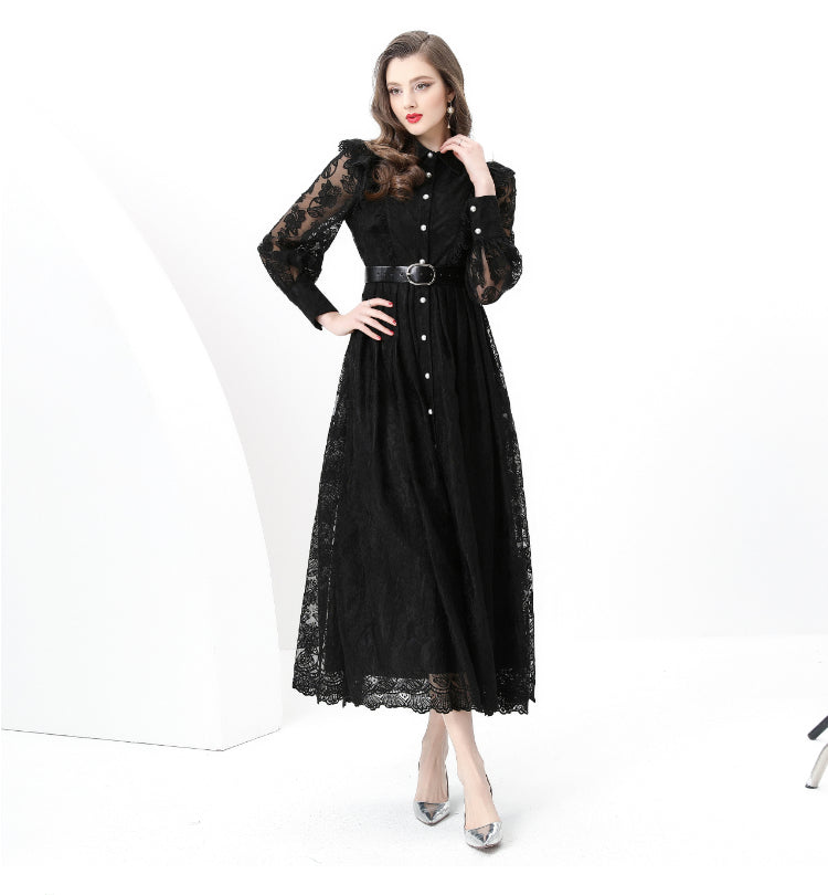Original design: spring, summer, autumn resort, lapel, embroidered lace, balloon sleeve lace, long vintage dress