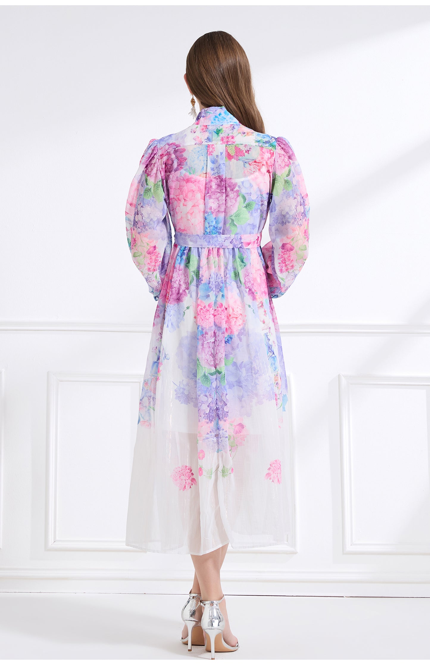 Original design - stand collar, watercolor, floral print, balloon sleeves, cinched waist, large skirt, ruffled skirt