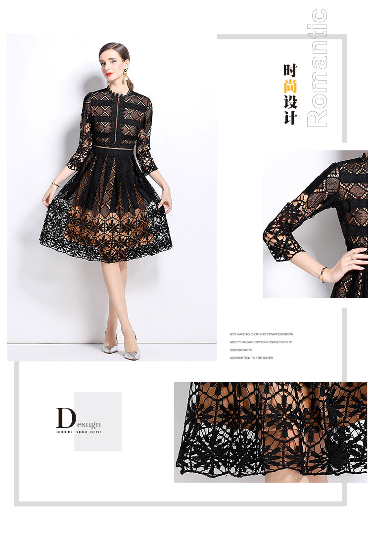 Original design mid long sleeved slimming hollow out water-soluble lace positioning printed mid length dress for spring, summer, autumn vacation
