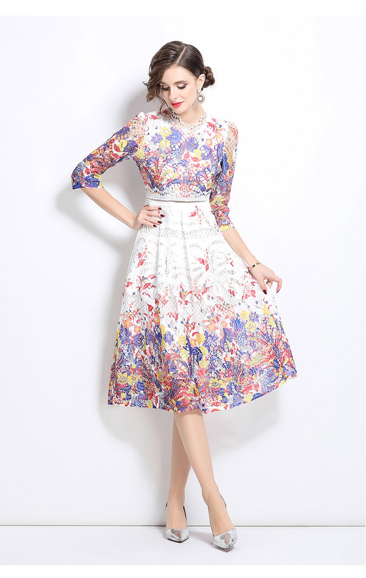 Original design mid long sleeved fashionable slimming hollow out water-soluble lace positioning mid length dress
