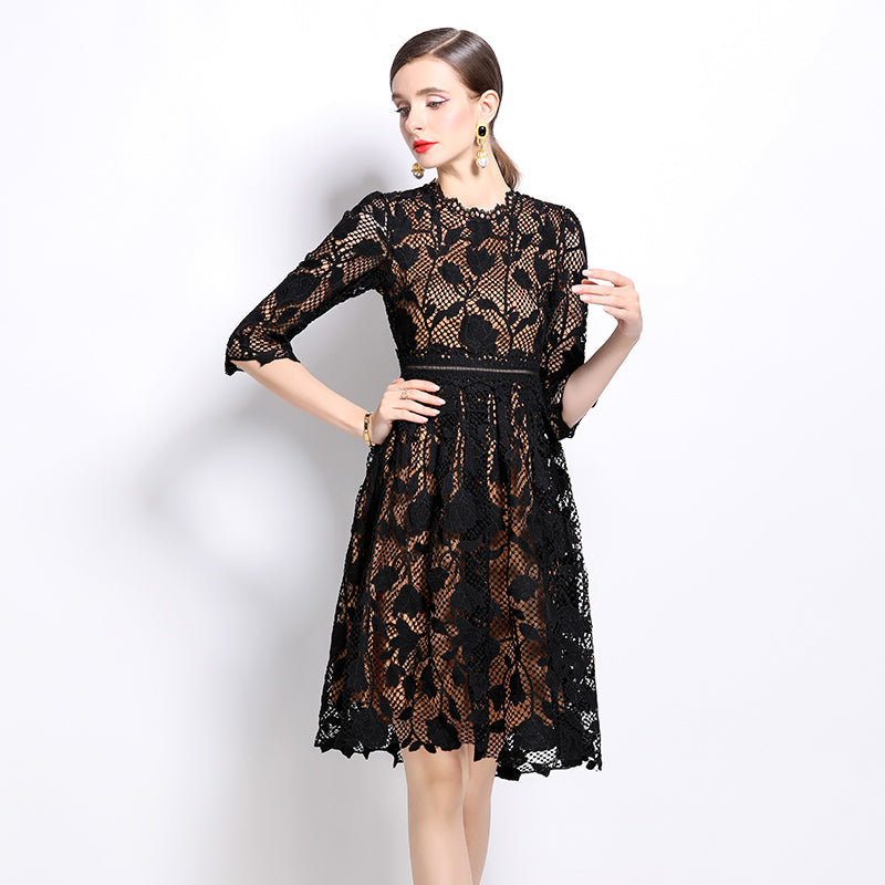 Original design mid long sleeved fashionable slimming hollow out water-soluble lace positioning mid length dress