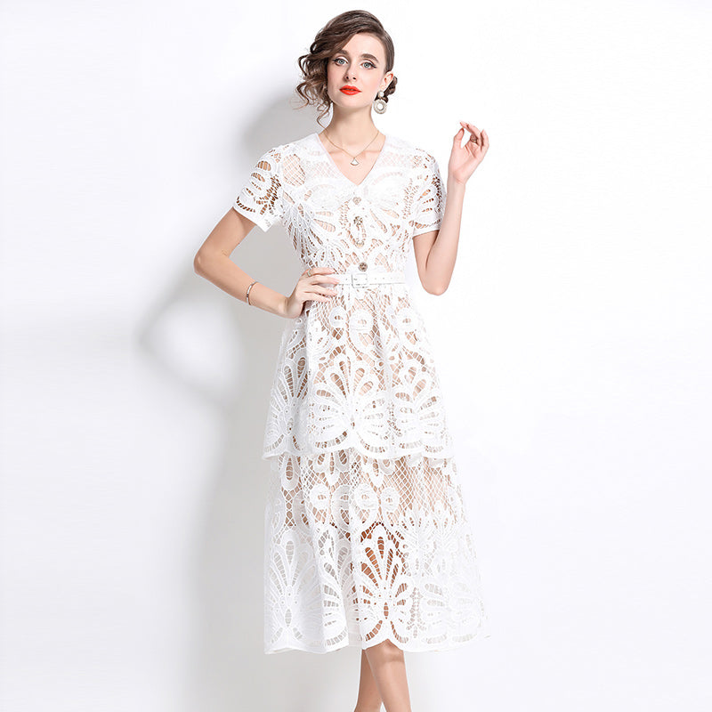 Original Design: Spring/Summer French Luxury Water soluble Embroidered Medium length Skirt with V-neck and Waist cinching to Look Thin Dress