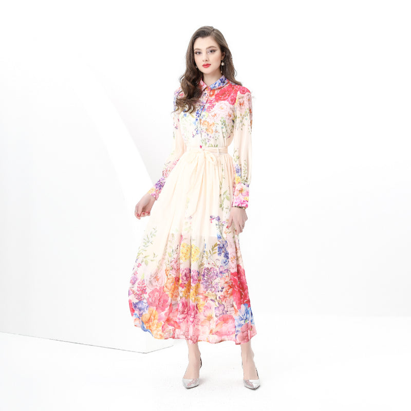 Original design: Spring, autumn and summer retro style balloon sleeve wavy edge long printed dress