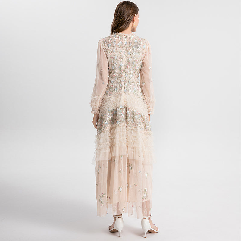 Original design spring, summer, autumn women's clothing pastoral forest temperament heavy industry color embroidered fungus edge swing dress
