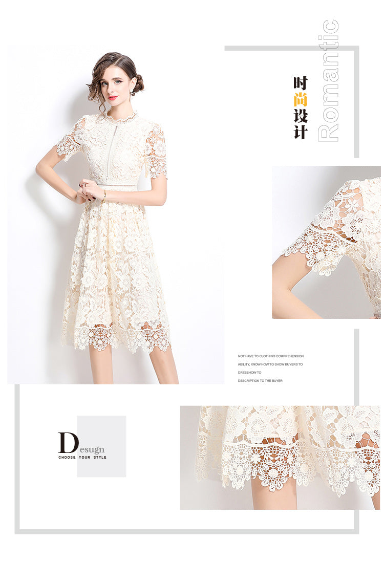 Original design short sleeved slimming hollow out water-soluble lace positioning mid length dress
