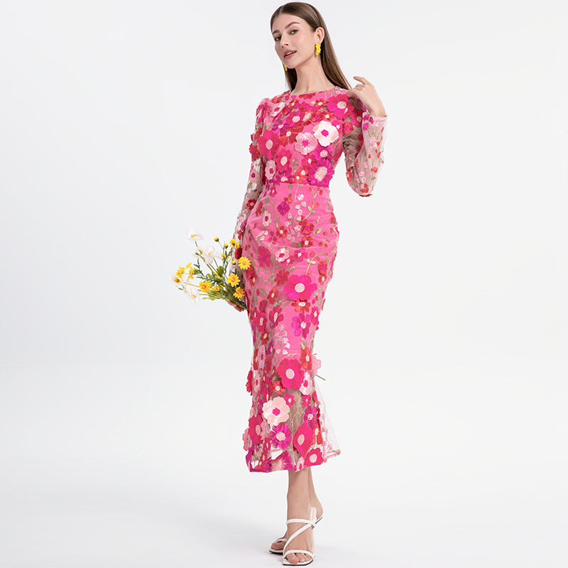 Original Design Heavy Industry Boutique Color Embroidered Handmade Three Dimensional Flower Slimming Fishtail Skirt Temperament Dress