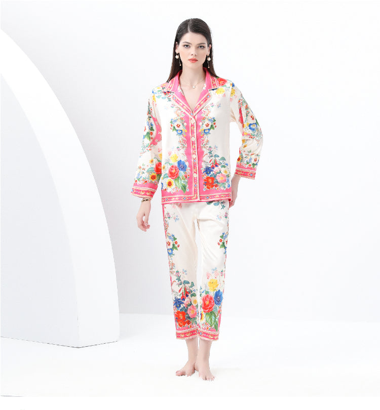 Original design: Spring, Summer, Autumn, Casual Trim, Pajama Set, Suit Collar, Long Sleeves, Long Pants, Printed Two-Piece Set