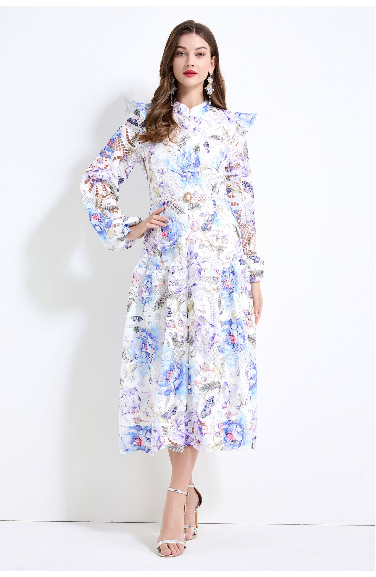 Original design - Spring/Summer vintage stand collar floral print heavy industry water-soluble long waist lace dress
