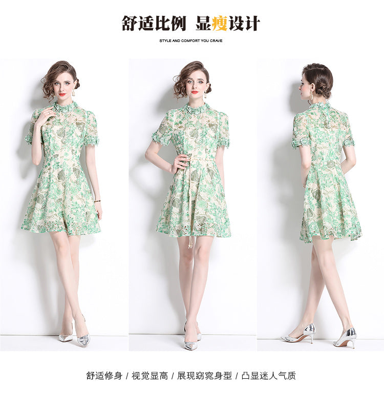Original Design: Spring/Summer Embroidered Printed Dress for Women with a High end Style and a slimming A-line Skirt with a cinched waist
