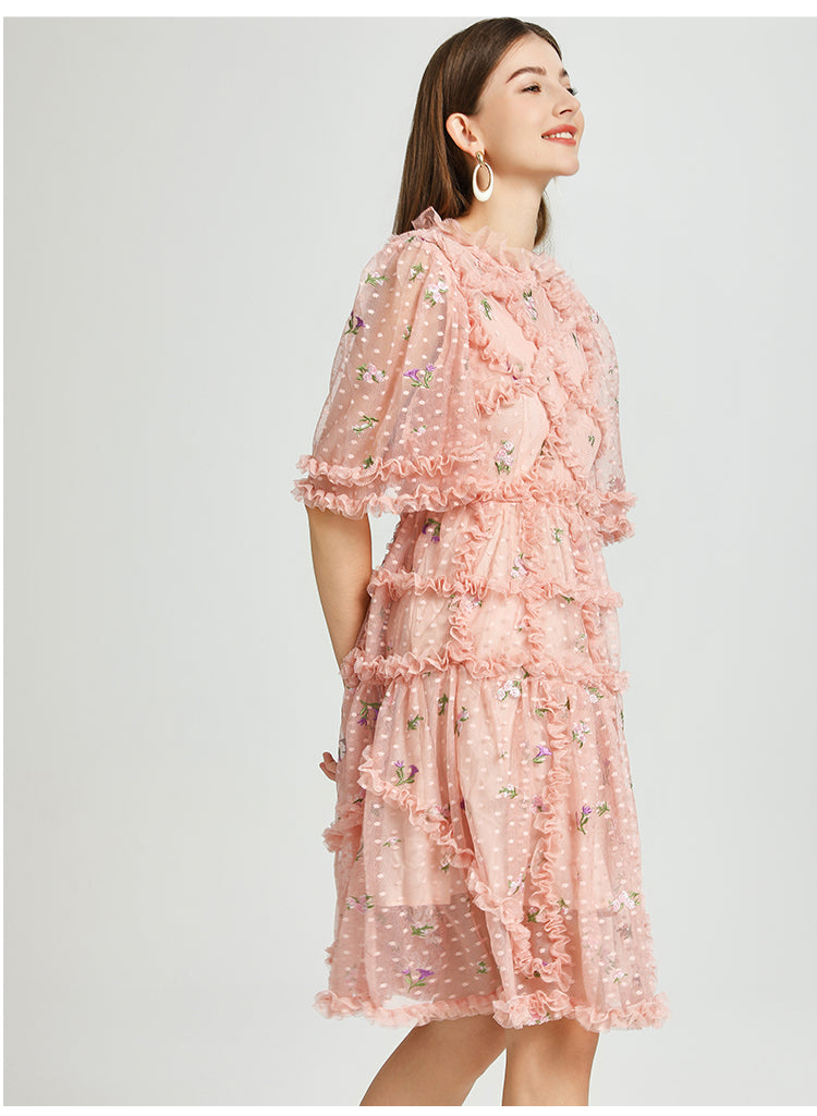 Artwork French romantic boutique custom gauze small floral embroidery short vintage cake dress