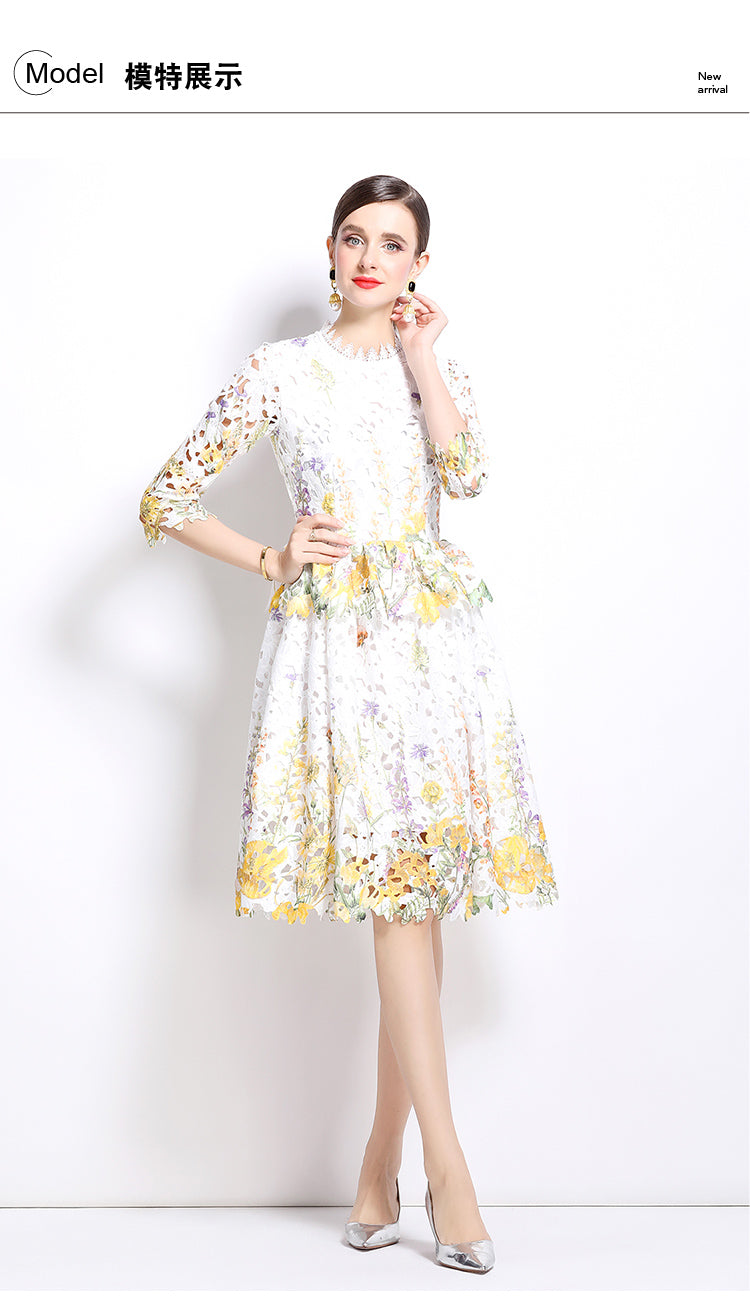 Original design mid long sleeved fashionable slimming hollow out water-soluble lace positioning mid length dress