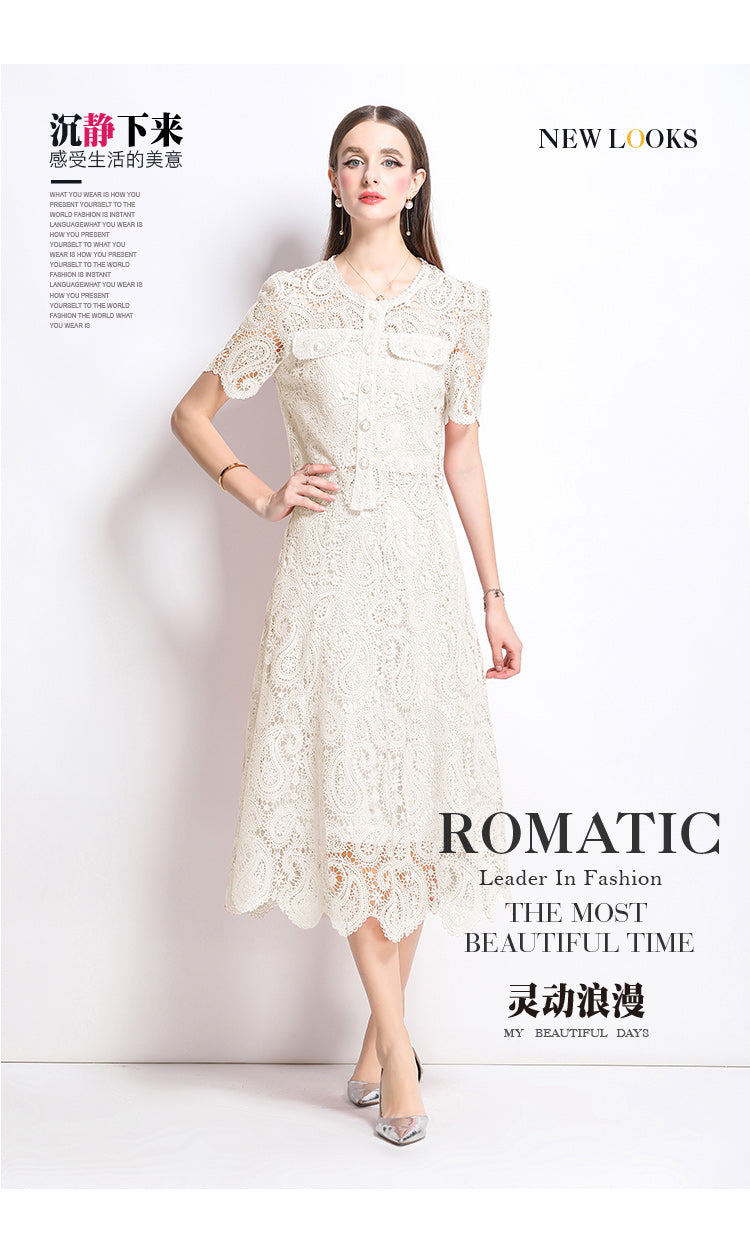 Original design for spring and summer small fragrance style set light luxury and high-end water-soluble lace skirt two-piece set