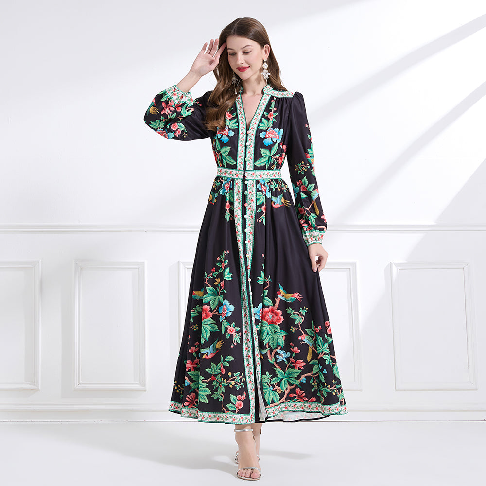 Original design Spring/summer resort-style V-neck, linen, floral, printed, balloon-sleeved, waist-cinching, ruffled maxi skirt