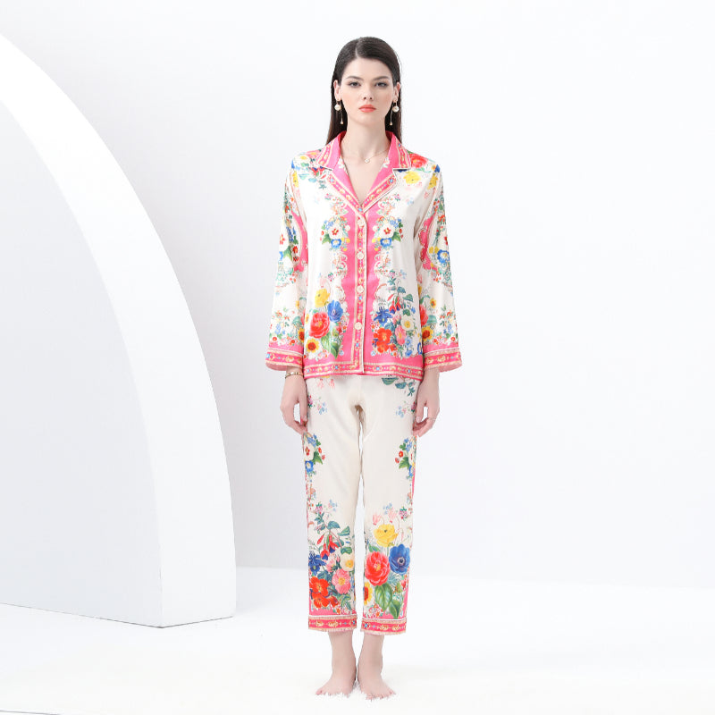 Original design: Spring, Summer, Autumn, Casual Trim, Pajama Set, Suit Collar, Long Sleeves, Long Pants, Printed Two-Piece Set