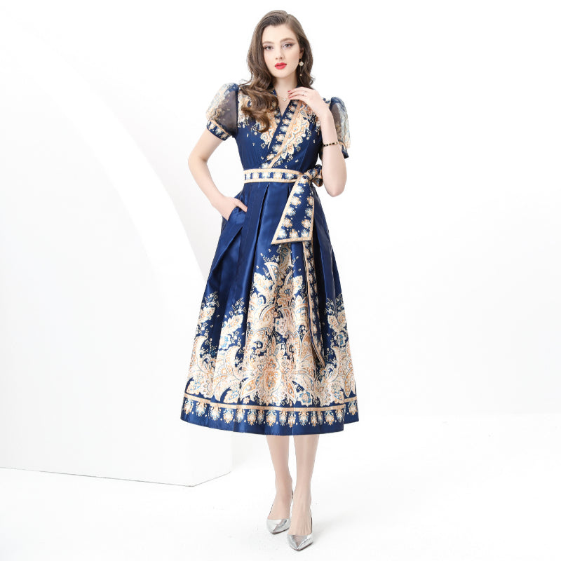 Spring/summer wrap tie style V-neck balloon sleeve long vintage print dress