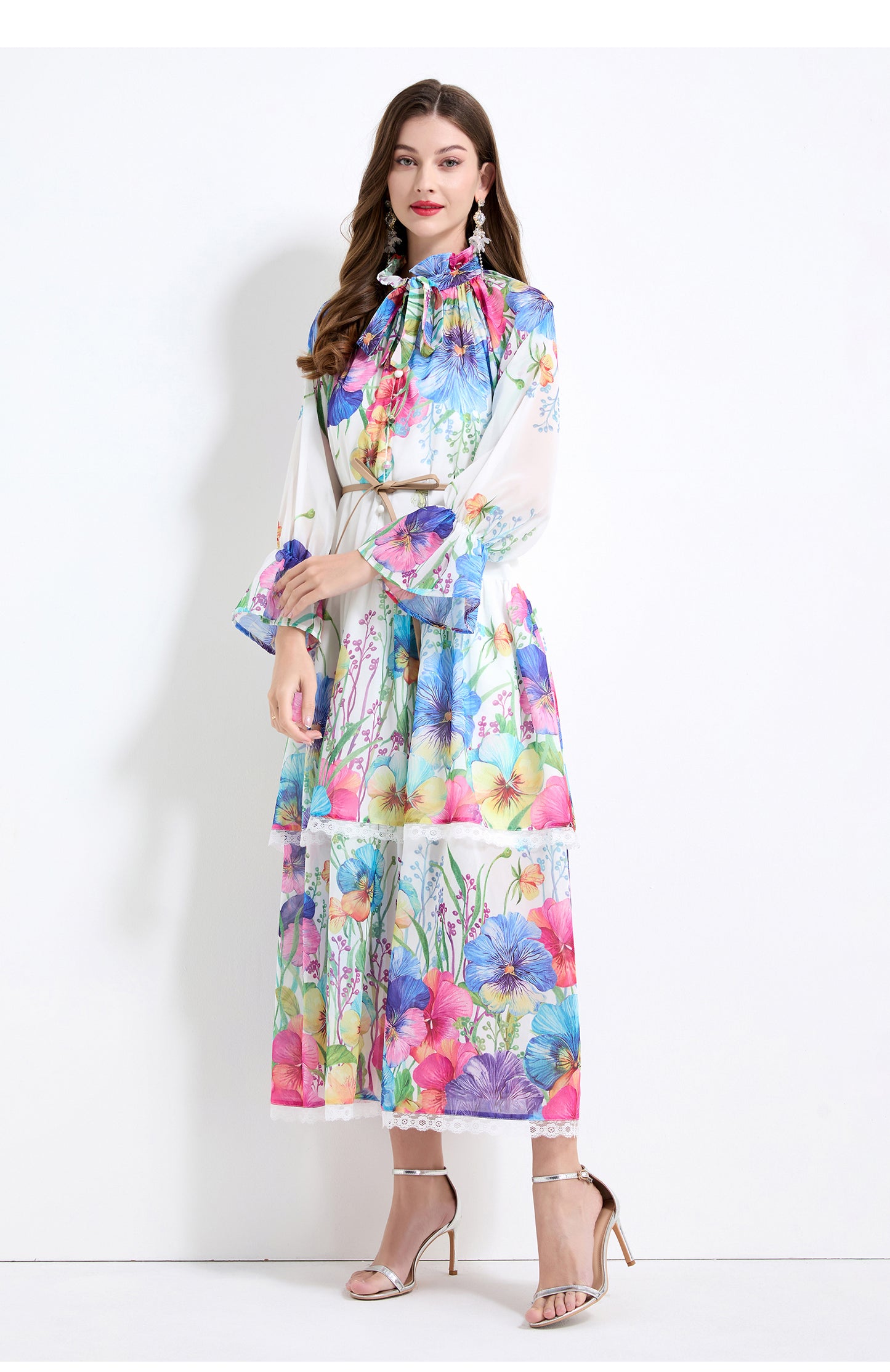 Original design - spring and summer fake lace cake skirt floral print waist ruffle skirt