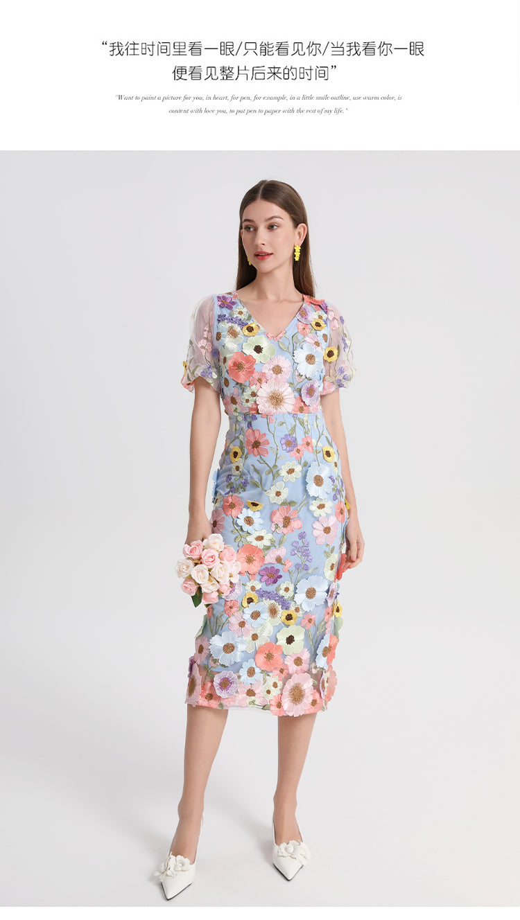 Art embroidery boutique color hand-ordered vintage V-neck slit wrap hip dress