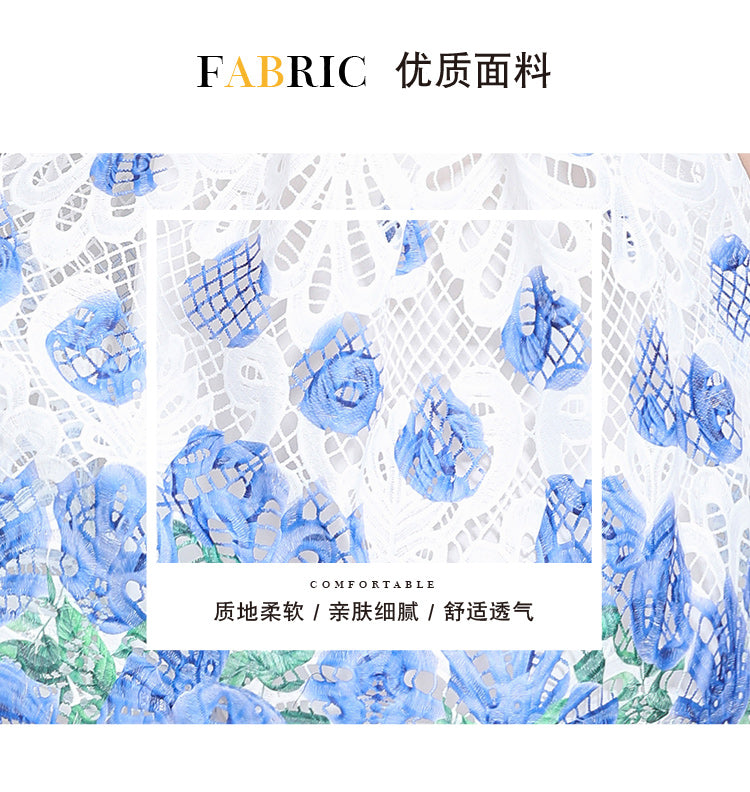 Original design mid long sleeved fashionable slimming hollow out water-soluble lace positioning mid length dress