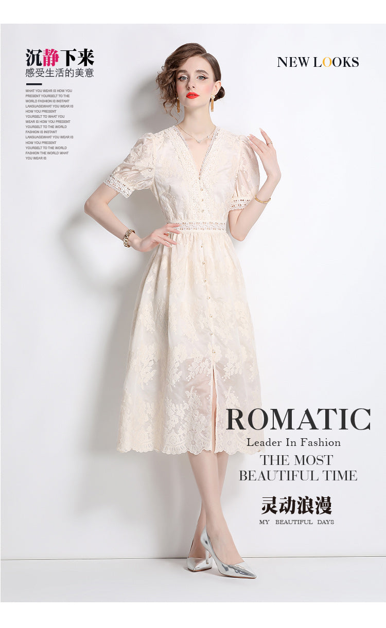 Original Design: Spring/Summer Embroidered V-neck Dress with Lace and Lace Charm Slimming Skirt