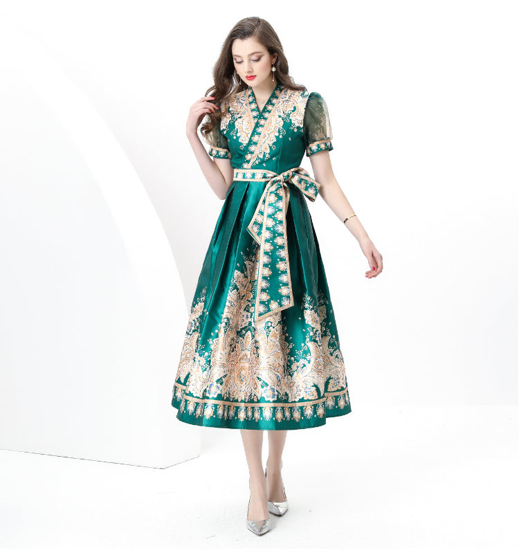 original design Spring/summer wrap tie style V-neck balloon sleeve long vintage print dress