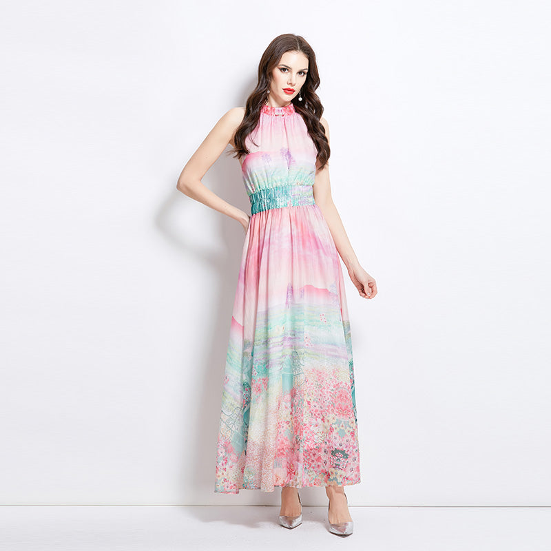 Original design: spring, summer, autumn vacation, new oil painting, flower print, halterneck maxi dress