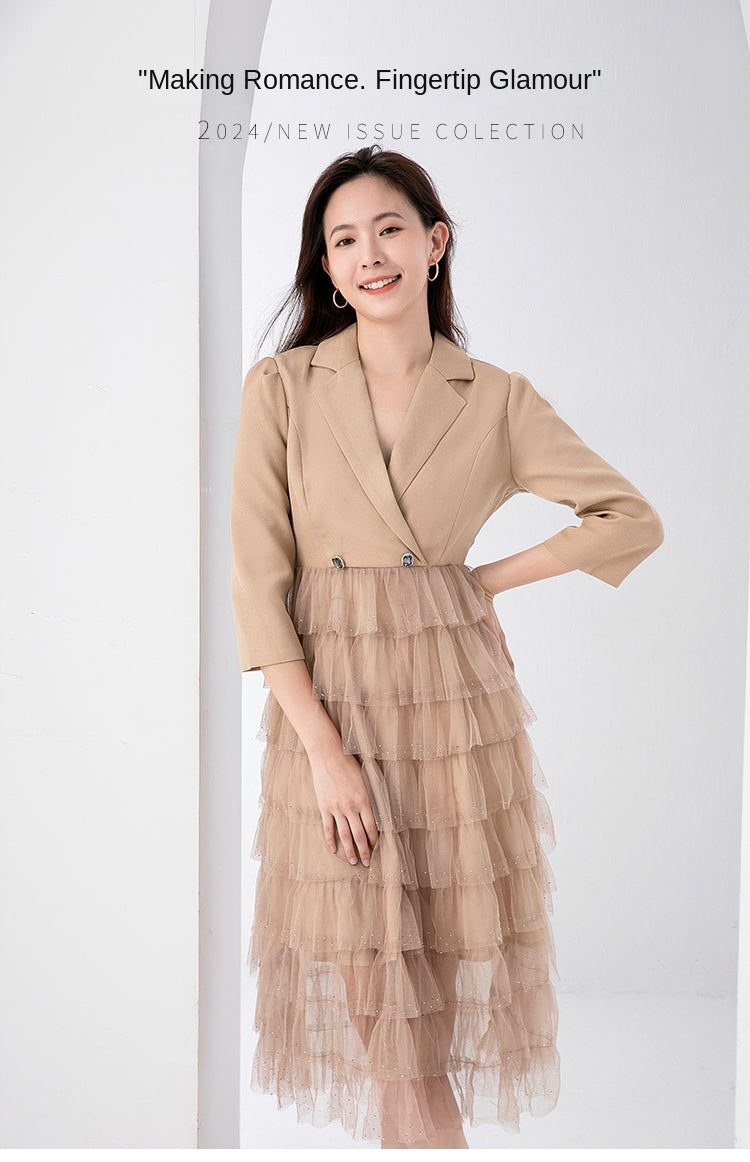Original design exquisite mesh cake skirt patchwork suit dress temperament fake 2pieces