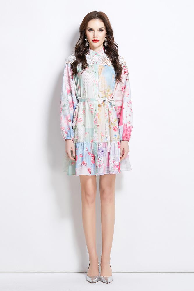 Original design for spring and summer vacation new style contrasting lace patchwork short dress