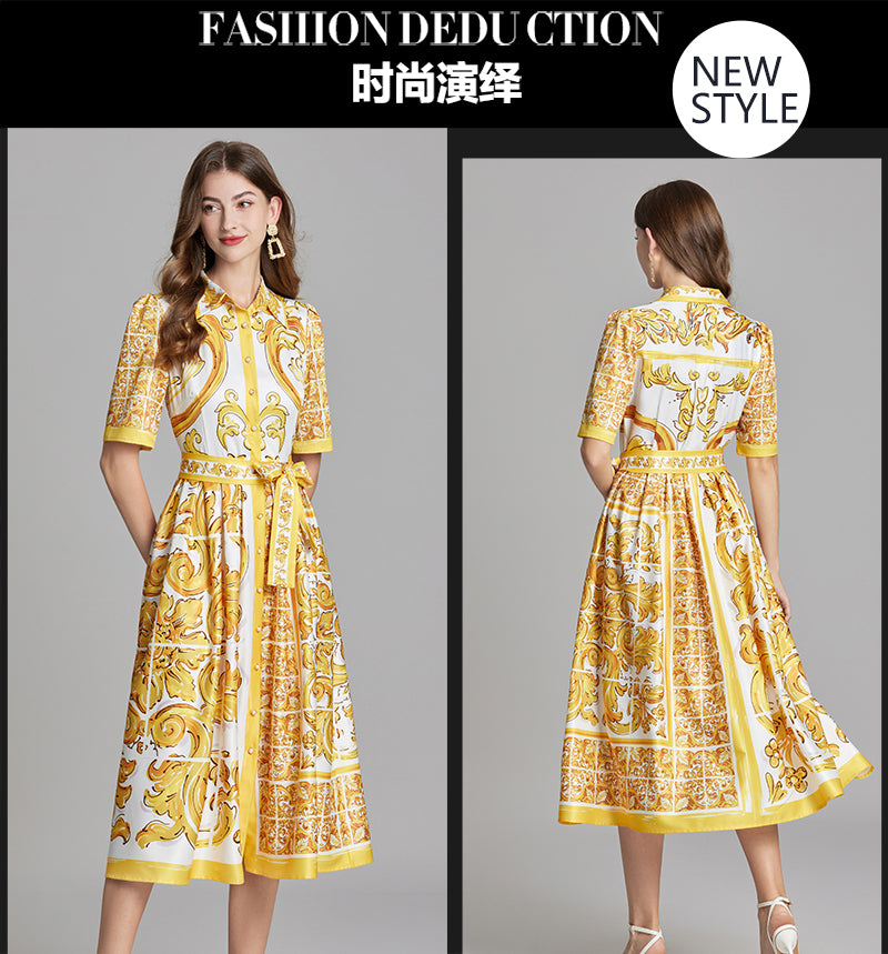 Original Design Spring/Summer Positioning Printed Collar Strap Waist Shirt Dress Large Swing A-line Skirt