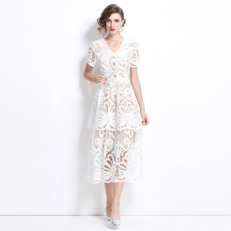 Original Design: Spring/Summer French Luxury Water soluble Embroidered Medium length Skirt with V-neck and Waist cinching to Look Thin Dress